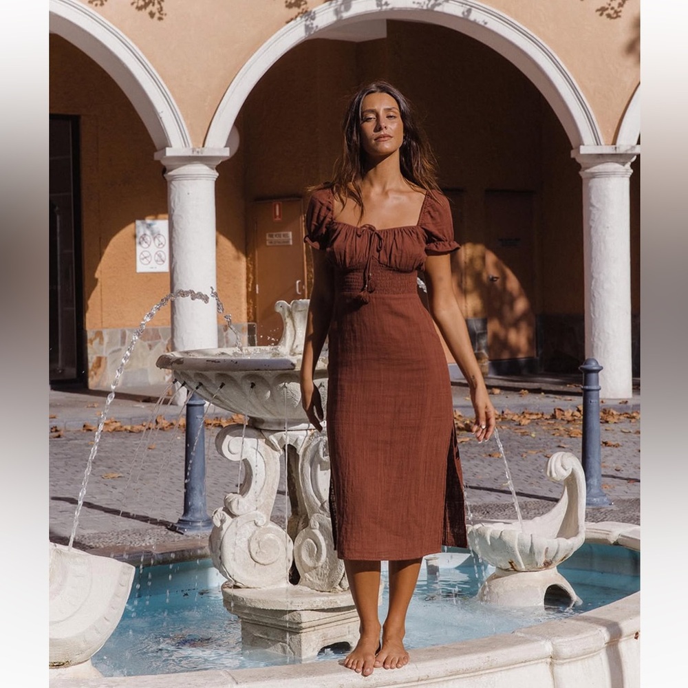 Tropical Dream Chocolate brown cotton side slit midi dress